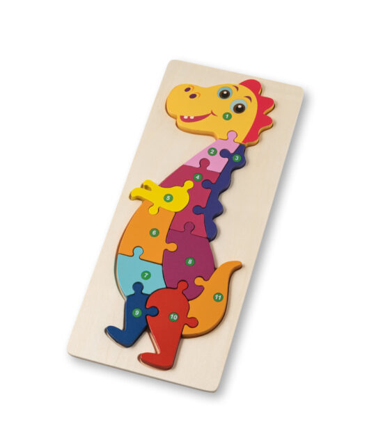 Puzzle in legno compensato a forma di dinosauro.