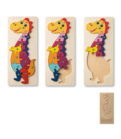 Puzzle in legno compensato a forma di dinosauro.