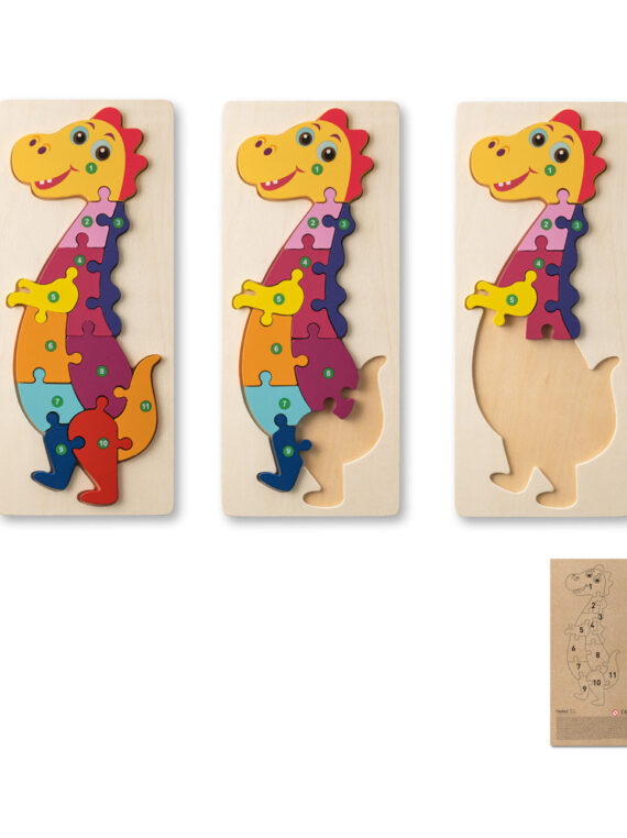 Puzzle in legno compensato a forma di dinosauro.