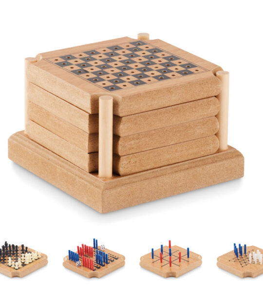 Set di 4 sottobicchieri in sughero e MDF con un set di 4 giochi