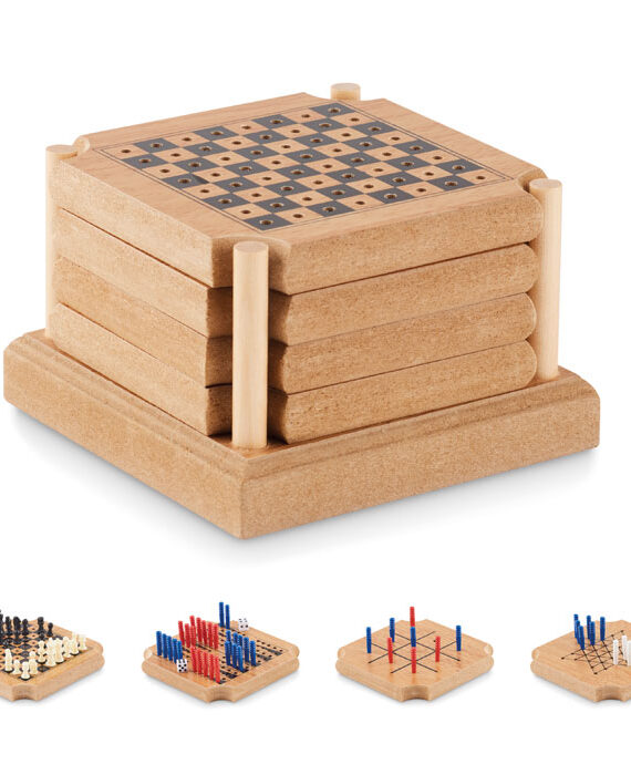 Set di 4 sottobicchieri in sughero e MDF con un set di 4 giochi