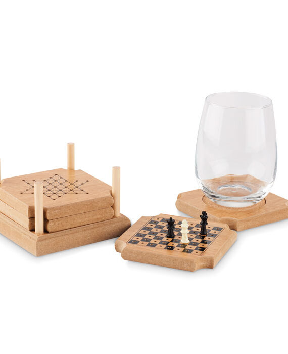 Set di 4 sottobicchieri in sughero e MDF con un set di 4 giochi