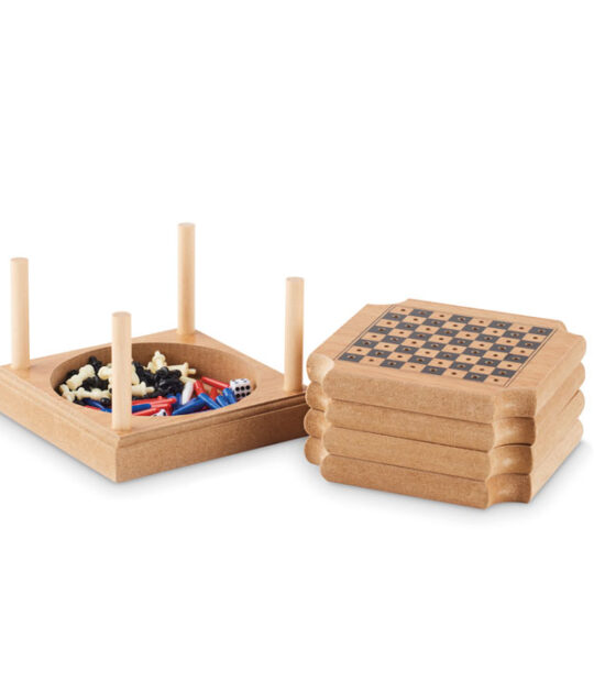 Set di 4 sottobicchieri in sughero e MDF con un set di 4 giochi