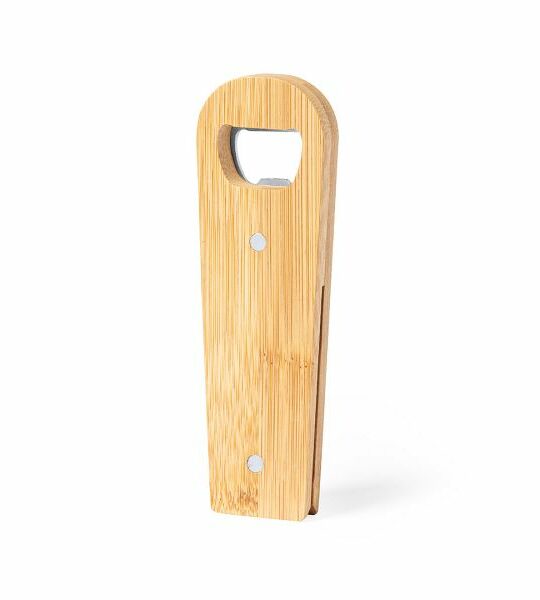 Apribottiglia magnetico in legno naturale con CLIP chiudipacco.