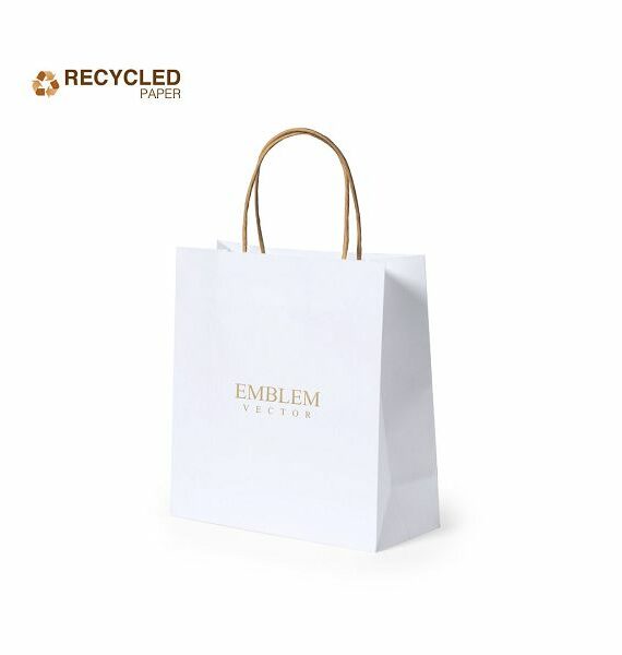 Shopper in carta riciclata 100g/m2 Manici ritorti colore avana. Dimensione; 22 x 9 x 23 cm