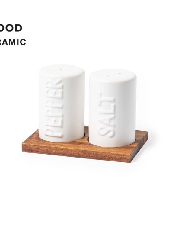 Set di saliere e pepiere in ceramica bianca, base in legno di acacia naturale racchiuso in una scatola singola dal design ecologico.