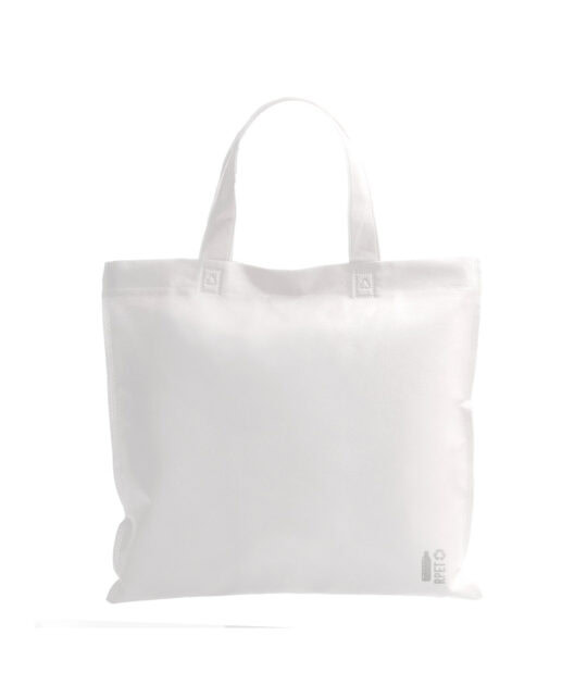 Borsa shopper in TNT RPET 70g/m2. Finiture termosaldate e manici lunghi rinforzati (36 x 3 cm). Resistenza fino a 6 kg di peso.