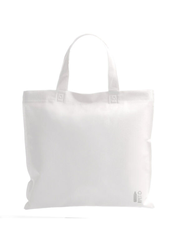 Borsa shopper in TNT RPET 70g/m2. Finiture termosaldate e manici lunghi rinforzati (36 x 3 cm). Resistenza fino a 6 kg di peso.