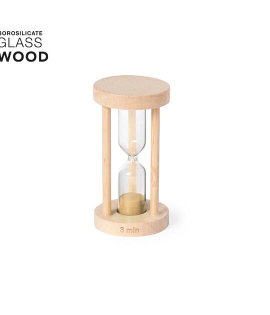 Clessidra della durata di 3 minuti in vetro borosilicato e struttura in legno di faggio.Presentata in una scatola kraft individuale di design.