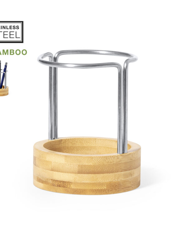 Porta penne dal design originale realizzata in bambù verniciato e robusto acciaio inossidabile.