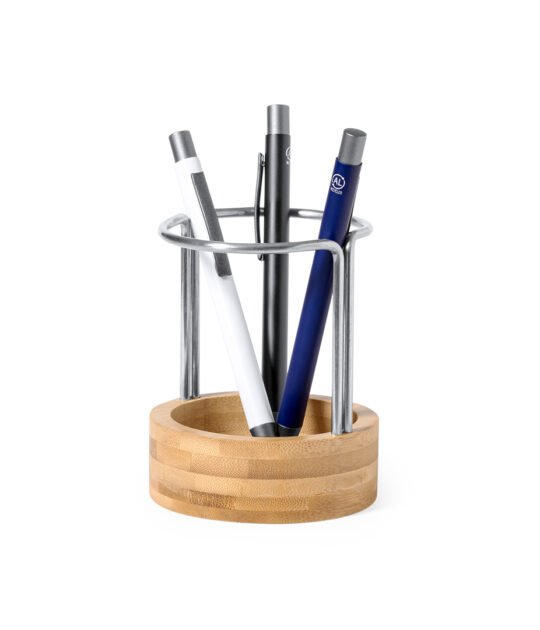 Porta penne dal design originale realizzata in bambù verniciato e robusto acciaio inossidabile.