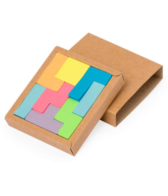 Portablocco in cartone riciclato. Con 200 mini foglietti adesivi in ​​diversi colori e forme geometriche.