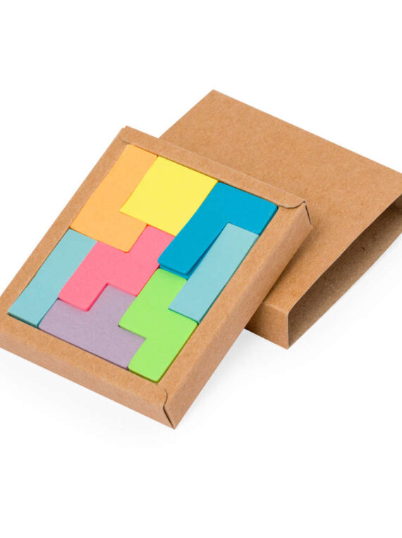 Portablocco in cartone riciclato. Con 200 mini foglietti adesivi in ​​diversi colori e forme geometriche.