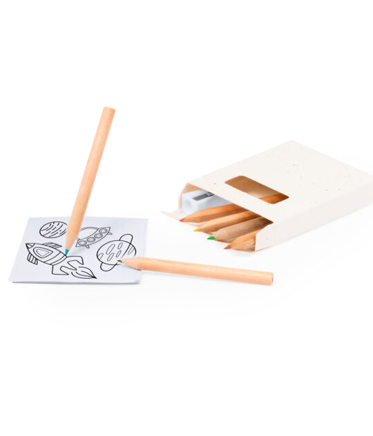 Set di 6 matite con blocco per colorare e temperino, presentate in una scatola di cartone naturale con semi