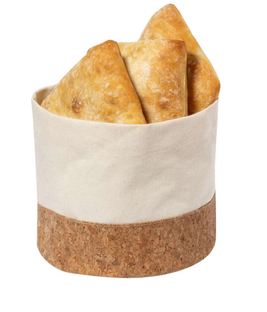 Cestino per il pane in morbido cotone 100% e sughero nella base, con un design rotondo. Presentato in un sacchetto individuale riciclato.
