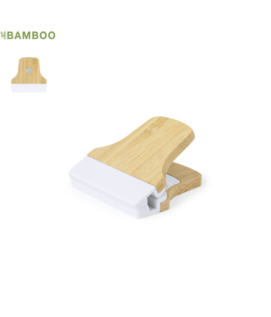 Clip per appunti in legno di bambù. Con forte magnete per il fissaggio alle superfici metalliche, design bicolore in bianco e legno di bambù.