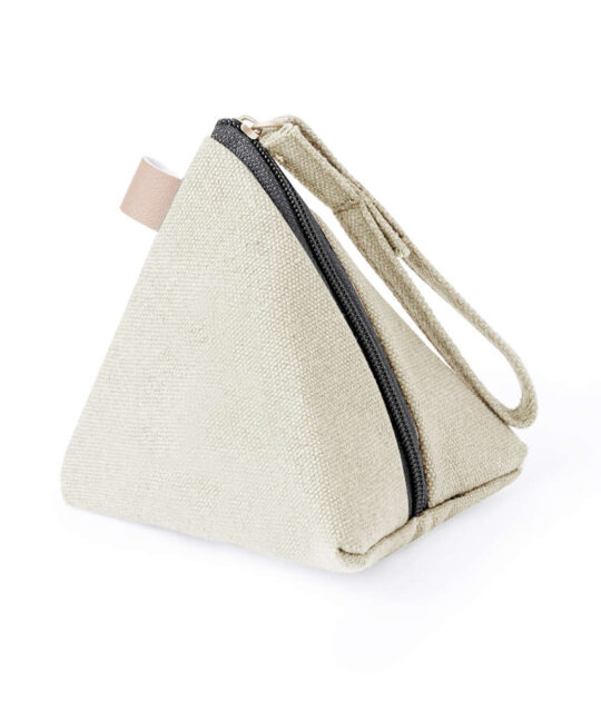 Originale borsellino a forma di piramide, realizzato in tela resistente. Tasca con chiusura a zip e manico.