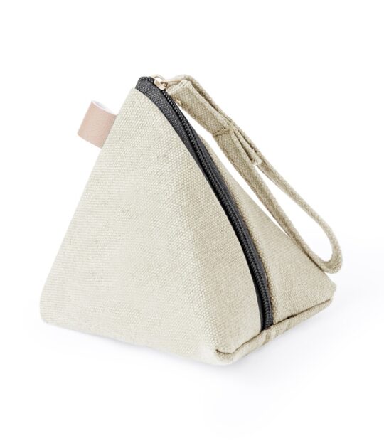 Originale borsellino a forma di piramide, realizzato in tela resistente. Tasca con chiusura a zip e manico.