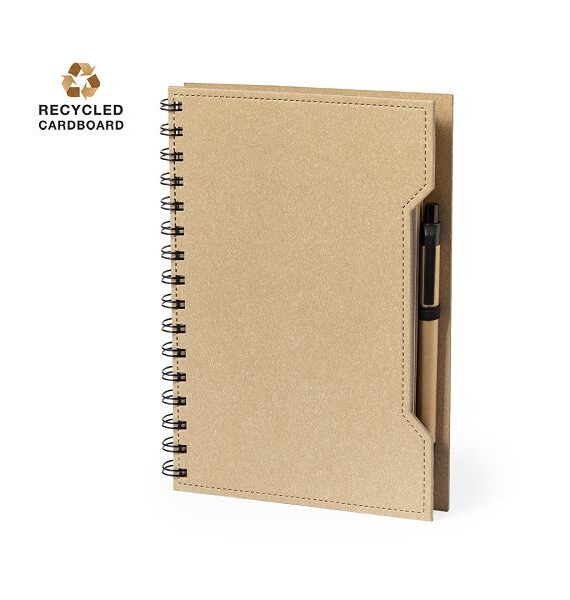 quaderno ad anelli con copertina rigida in cartone riciclato fogli lisci post-it grandi e mini post-it e penna in cartone riciclato