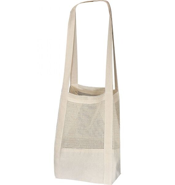 Borsa in cotone Eco Tex Standard 100 con sezione centrale a rete, che rende la borsa flessibile.