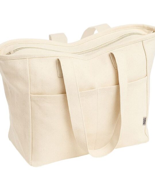 Borsa in cotone riciclato 450 g/m2 con manici lunghi e doppia tasca frontale e cerniera