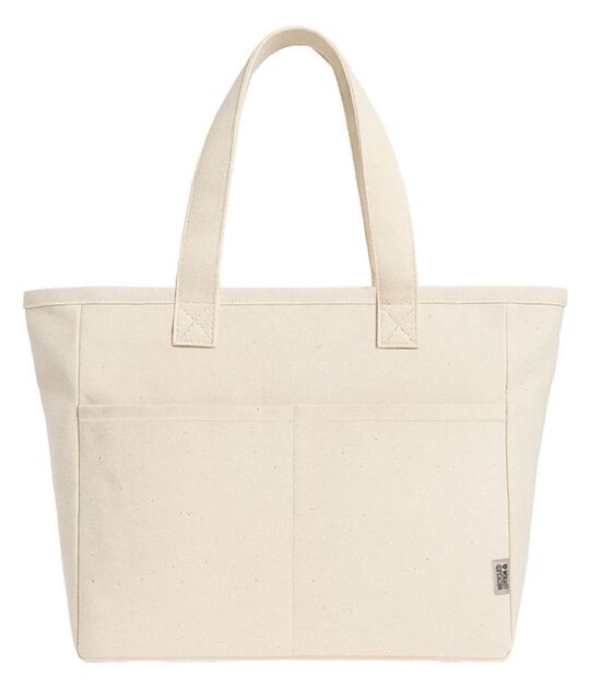 Borsa in cotone riciclato 450 g/m2 con manici lunghi e doppia tasca frontale e cerniera