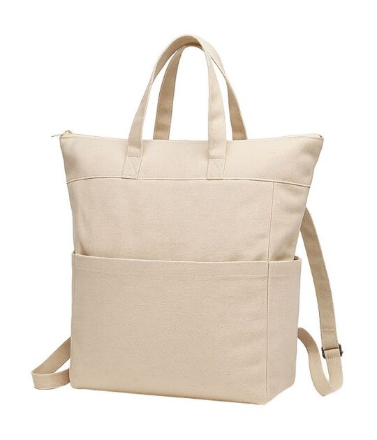 Zainetto cotone 340 g/m2. Manici corti e due tasche laterali porta bottiglie Misura; 31/44 X 40 X 13 CM