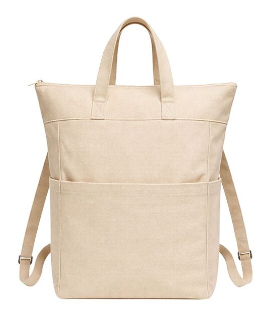 Zainetto cotone 340 g/m2. Manici corti e due tasche laterali porta bottiglie Misura; 31/44 X 40 X 13 CM